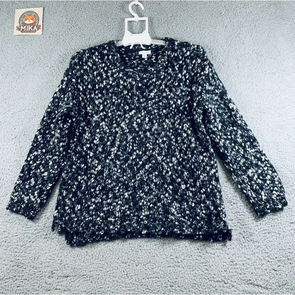 J.Jill Sweater Women's Hi Low Pullover Knit Long Sleeve Wool Blend Black White M